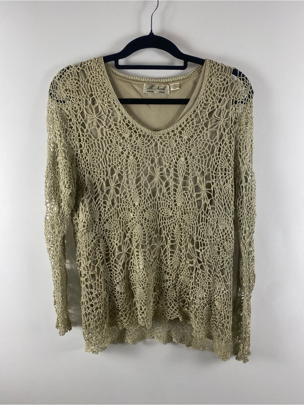 Vintage M. Nicole Evening Champagne Gold Crochet Lined Knit Top Size 1X